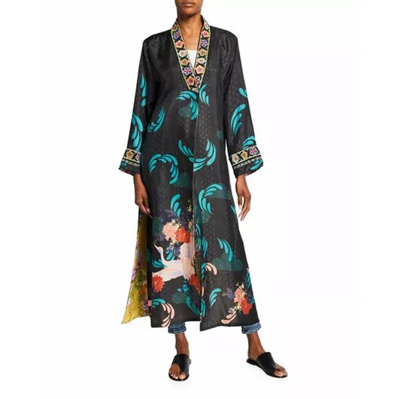 Johnny Was Heron Long Reversible Kimono Silk Bird Embroidery Black Yellow NEW - Picture 2 of 9